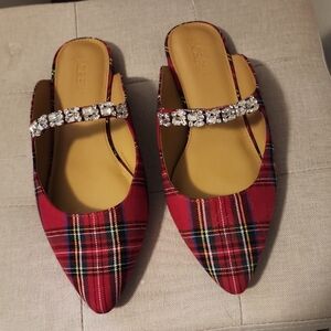 J. Crew Women's Red Plaid Mules with Crystal Embellishment